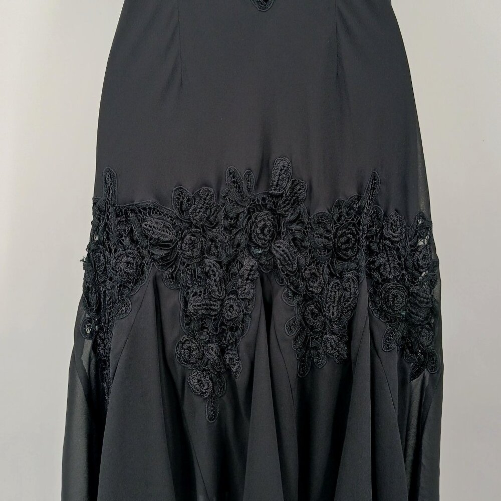 Vintage Cachet Y2K Black Handkerchief Hem Midi Dress Crochet Details Size 12 - Picture 7 of 14